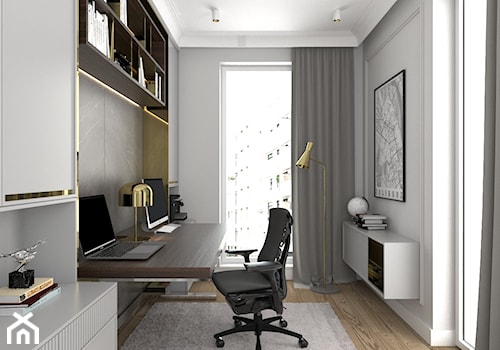 ELEGANCKI APARTAMENT NA ŻOLIBORZU - Małe w osobnym pomieszczeniu z zabudowanym biurkiem białe szare biuro, styl nowoczesny - zdjęcie od 3deko