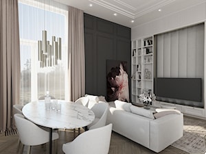 WYSOKIE MIESZKANIE W KAMIENICY - Średni biały czarny salon z jadalnią z tarasem / balkonem z bibiloteczką, styl glamour - zdjęcie od 3deko