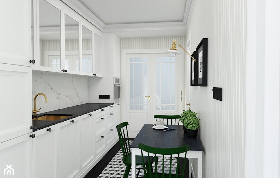 MIESZKANIE KRAKÓW - Średnia zamknięta biała z zabudowaną lodówką kuchnia jednorzędowa, styl glamour - zdjęcie od 3deko