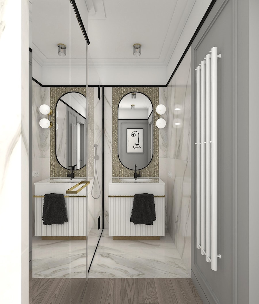 MIESZKANIE PRZY PARKU - Mała bez okna z lustrem z marmurową podłogą z punktowym oświetleniem łazienka, styl glamour - zdjęcie od 3deko