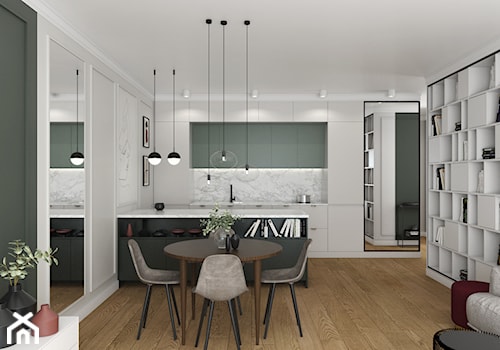NOWOCZESNY APARTAMENT - Średni czarny szary salon z kuchnią z jadalnią z bibiloteczką, styl nowoczesny - zdjęcie od 3deko