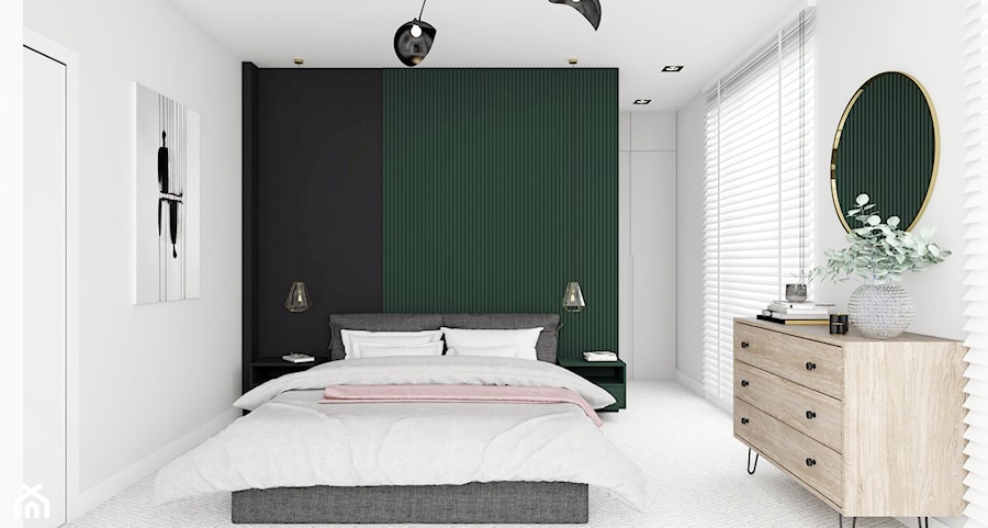 MIESZKANIE OCHOTA - Średnia biała czarna zielona z panelami tapicerowanymi sypialnia, styl nowoczesny - zdjęcie od 3deko