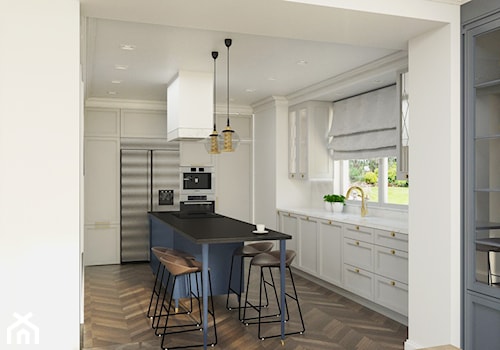 Dom w Michałowicach styl amerykański - Duża z salonem biała z zabudowaną lodówką kuchnia w kształcie litery u z oknem, styl glamour - zdjęcie od 3deko