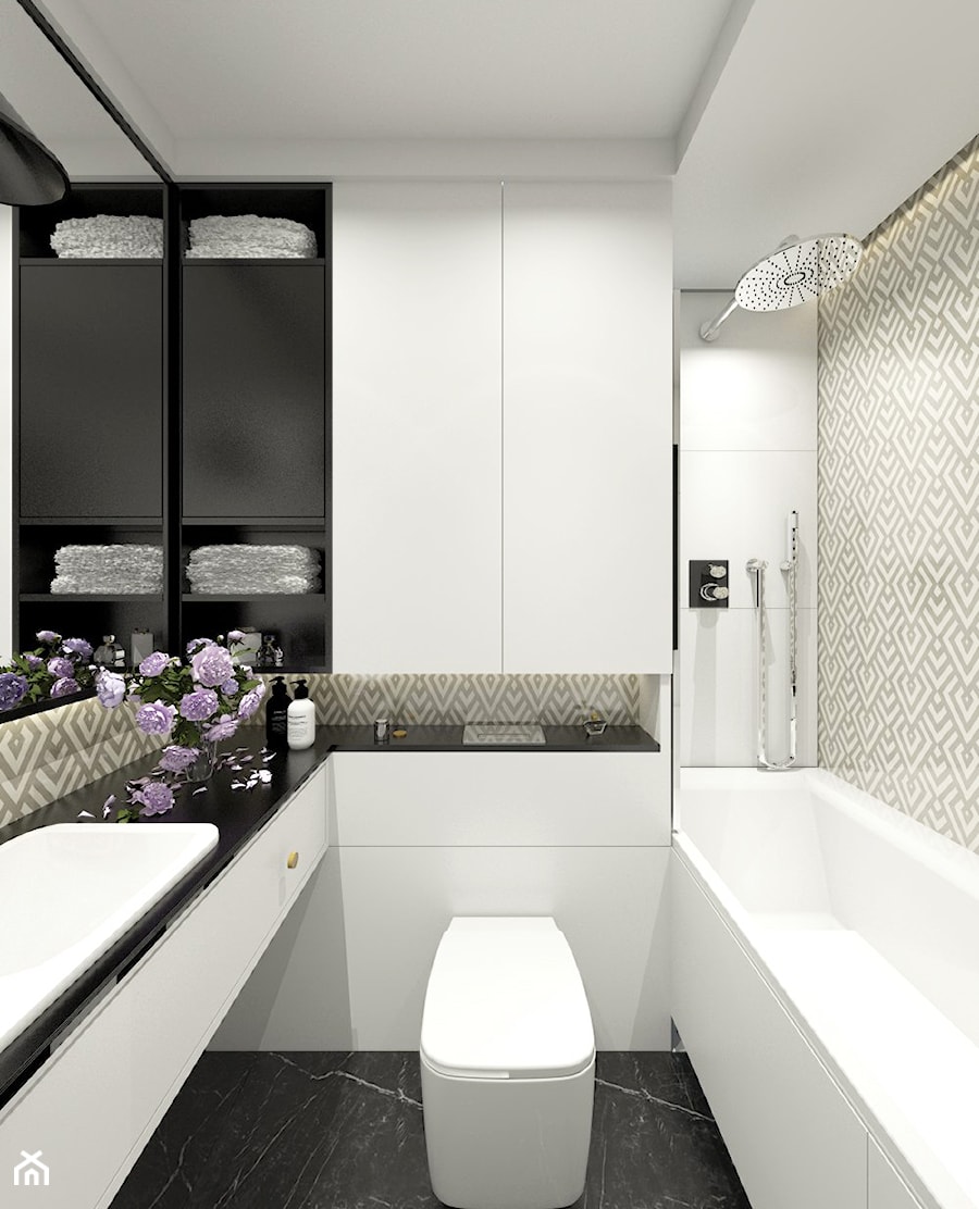 ŁAZIENKI - Mała na poddaszu bez okna z marmurową podłogą łazienka, styl glamour - zdjęcie od 3deko