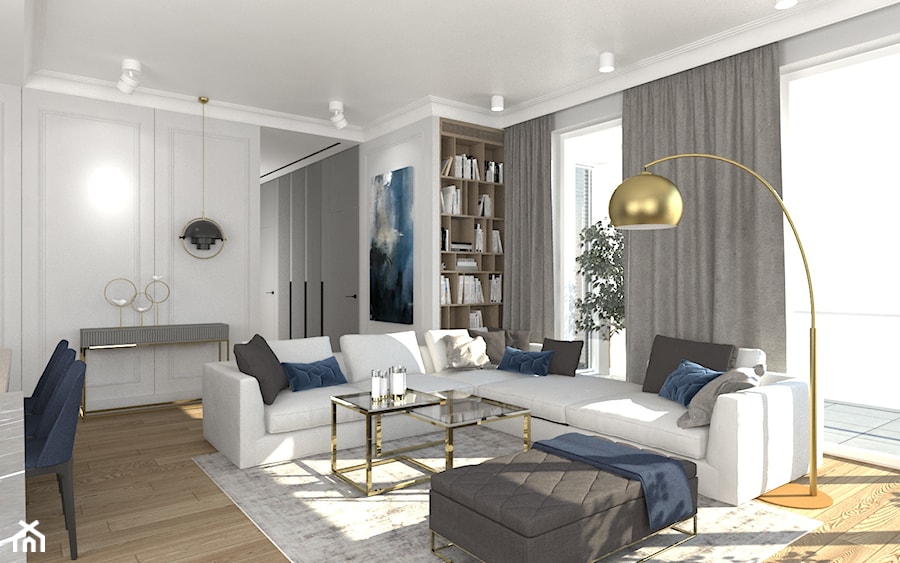 ELEGANCKI APARTAMENT NA ŻOLIBORZU - Duży szary salon z jadalnią z tarasem / balkonem z bibiloteczką, styl glamour - zdjęcie od 3deko