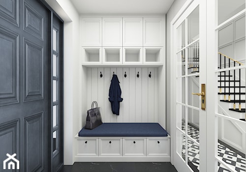 Dom w Michałowicach styl amerykański - Średni z wieszakiem biały z marmurem na podłodze hol / przedpokój, styl tradycyjny - zdjęcie od 3deko