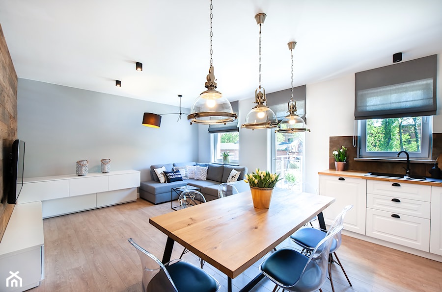 Mieszkanie II - Średni biały szary salon z kuchnią z jadalnią, styl nowoczesny - zdjęcie od residence_fotografia_wnetrz