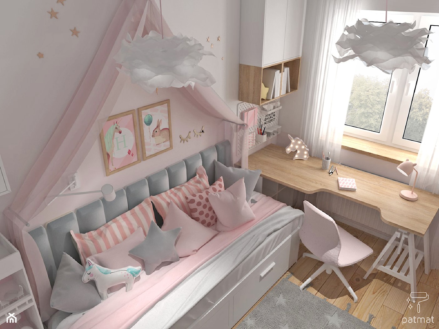 Projekt różowego pokoju dla dziewczynki - zdjęcie od patmat.pl - pokoje dla dzieci @patmatstudio - Homebook