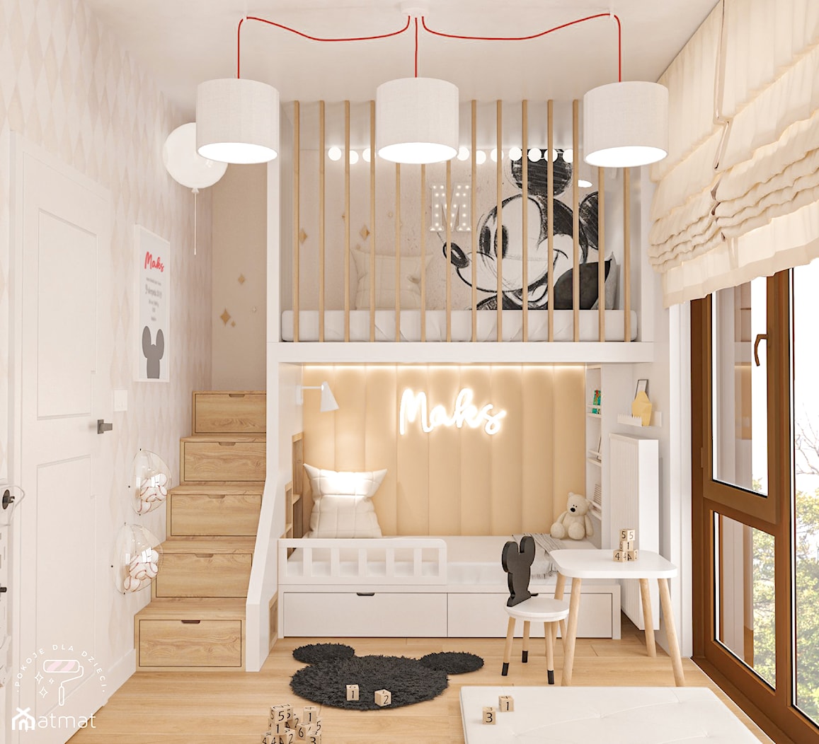 Pokój dla chłopca w stylu Mickey - widok na antresolę - zdjęcie od patmat.pl - pokoje dla dzieci @patmatstudio - Homebook