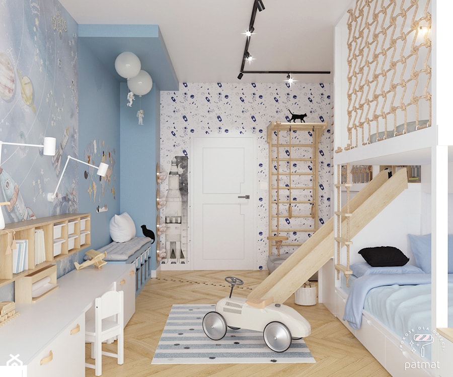 Pokój dla chłopca z antresolą i zjeżdżalnią - zdjęcie od patmat.pl - pokoje dla dzieci @patmatstudio