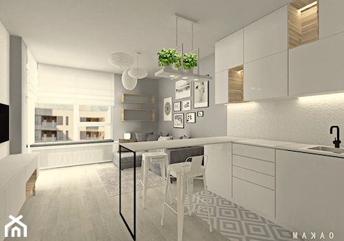 Mieszkanie | VIZJA MOKOTÓW - Średnia otwarta biała szara kuchnia jednorzędowa, styl skandynawski - zdjęcie od MAKAO home