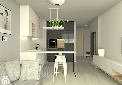 Mieszkanie | VIZJA MOKOTÓW - Mały biały szary salon z kuchnią z jadalnią, styl skandynawski - zdjęcie od MAKAO home