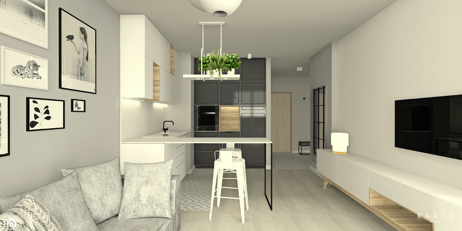 Mieszkanie | VIZJA MOKOTÓW - Mały biały szary salon z kuchnią z jadalnią, styl skandynawski - zdjęcie od MAKAO home - Homebook