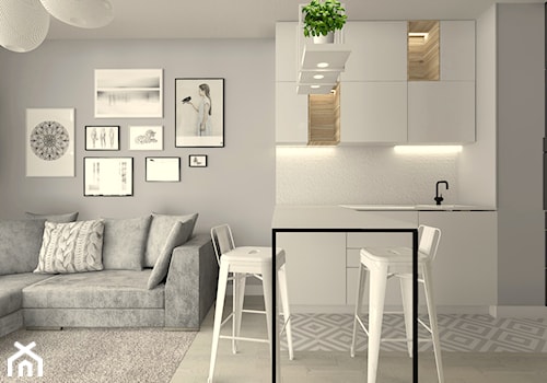 Mieszkanie | VIZJA MOKOTÓW - Mały biały szary salon z kuchnią z jadalnią, styl skandynawski - zdjęcie od MAKAO home