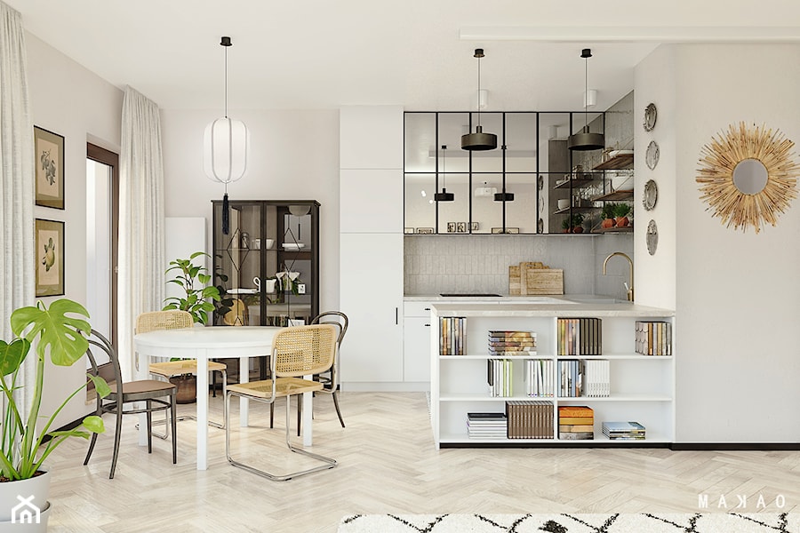Mieszkanie | MOKOTÓW - Mała otwarta z kamiennym blatem szara z zabudowaną lodówką z podblatowym zlewozmywakiem kuchnia w kształcie litery u z oknem, styl nowoczesny - zdjęcie od MAKAO home