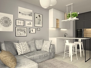 Mieszkanie | VIZJA MOKOTÓW - Mała otwarta z salonem biała szara z zabudowaną lodówką z podblatowym zlewozmywakiem kuchnia w kształcie litery l, styl skandynawski - zdjęcie od MAKAO home