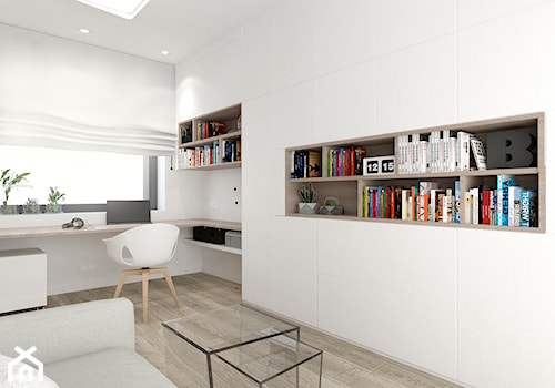 GABINET W DOMU JEDNORODZINNYM / Nieborowice - Średnie w osobnym pomieszczeniu z sofą z zabudowanym biurkiem białe biuro, styl nowoczesny - zdjęcie od TIUK Studio