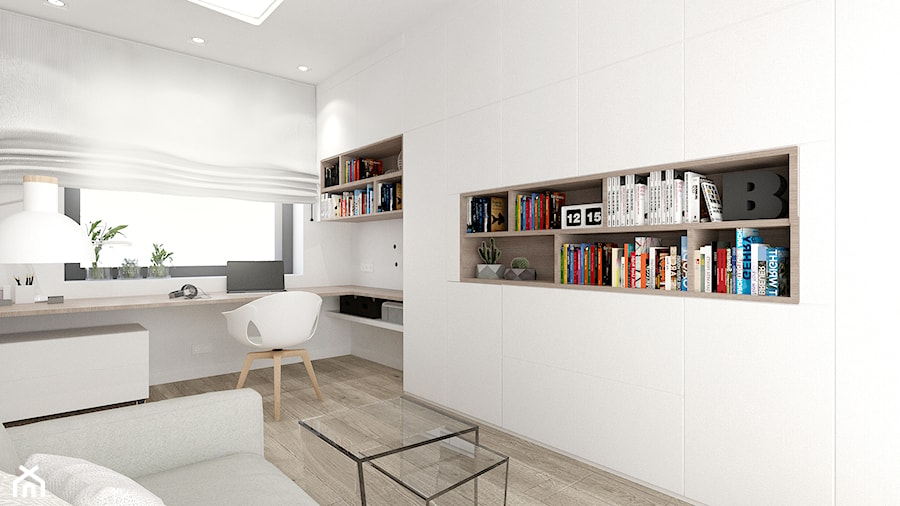 GABINET W DOMU JEDNORODZINNYM / Nieborowice - Średnie w osobnym pomieszczeniu z sofą z zabudowanym biurkiem białe biuro, styl nowoczesny - zdjęcie od TIUK Studio