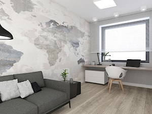 GABINET W DOMU JEDNORODZINNYM / Wariant B / Nieborowice - Małe z sofą z zabudowanym biurkiem białe szare biuro, styl nowoczesny - zdjęcie od TIUK Studio