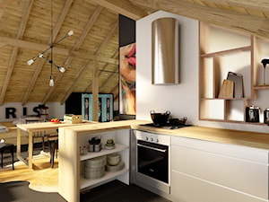 DOM Z DUSZĄ / Osięciny - Mała otwarta biała z zabudowaną lodówką kuchnia w kształcie litery l, styl industrialny - zdjęcie od TIUK Studio