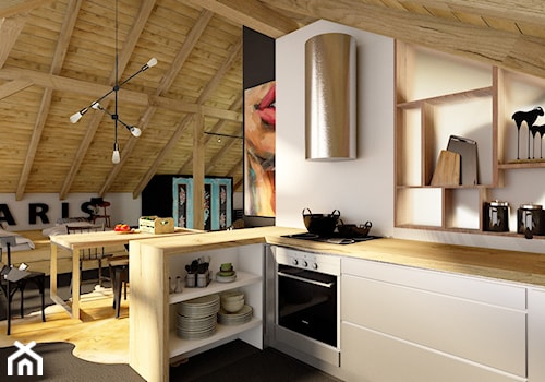 DOM Z DUSZĄ / Osięciny - Mała otwarta biała z zabudowaną lodówką kuchnia w kształcie litery l, styl industrialny - zdjęcie od TIUK Studio