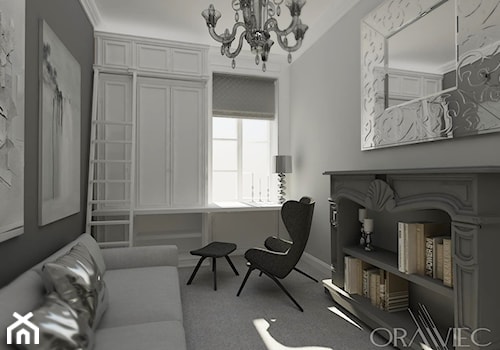 KRAKÓW - Średnie w osobnym pomieszczeniu z sofą z zabudowanym biurkiem szare biuro, styl tradycyjny - zdjęcie od Dorota Orawiec-Mazur