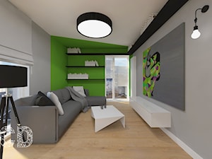 trójkąty i inne kąty - Mały biały szary zielony salon z tarasem / balkonem z bibiloteczką, styl minimalistyczny - zdjęcie od Pracownia Projektowania | Daria Ciuńczyk-Duda