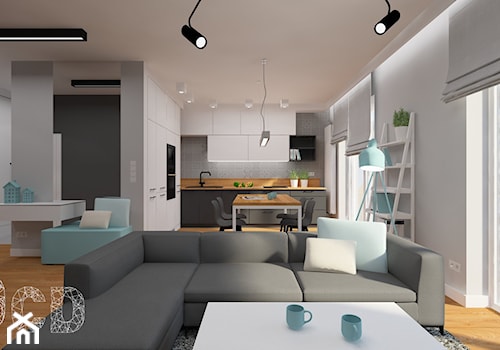betonowe love - Mały biały szary salon z kuchnią z jadalnią z tarasem / balkonem, styl nowoczesny - zdjęcie od Pracownia Projektowania | Daria Ciuńczyk-Duda
