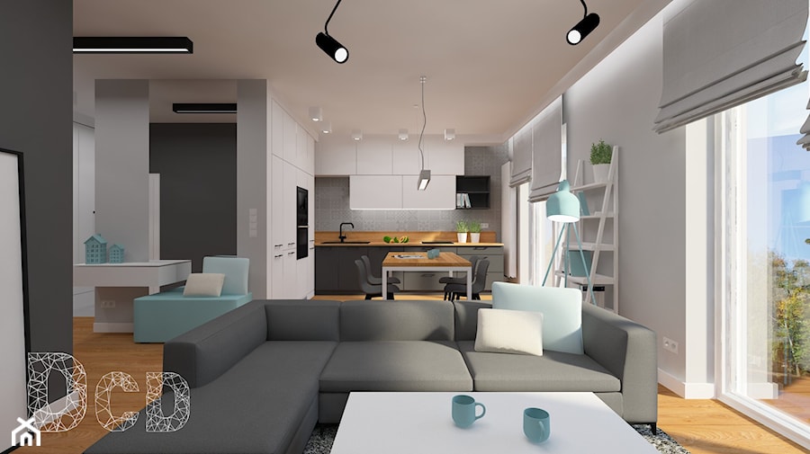 betonowe love - Mały biały szary salon z kuchnią z jadalnią z tarasem / balkonem, styl nowoczesny - zdjęcie od Pracownia Projektowania | Daria Ciuńczyk-Duda