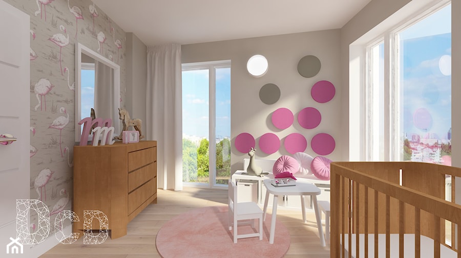 Apartament nad skarpą - Duży szary z panelami tapicerowanymi pokój dziecka dla niemowlaka dla dziewczynki, styl nowoczesny - zdjęcie od Pracownia Projektowania | Daria Ciuńczyk-Duda