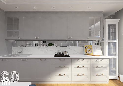 NYC - Średnia otwarta z kamiennym blatem biała z zabudowaną lodówką z nablatowym zlewozmywakiem kuchnia jednorzędowa z oknem z marmurem nad blatem kuchennym, styl glamour - zdjęcie od Pracownia Projektowania | Daria Ciuńczyk-Duda