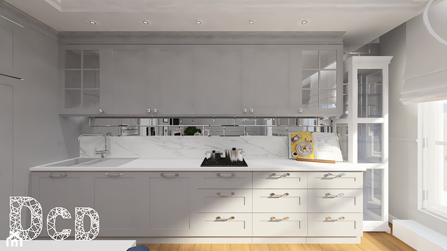 NYC - Średnia otwarta z kamiennym blatem biała z zabudowaną lodówką z nablatowym zlewozmywakiem kuchnia jednorzędowa z oknem z marmurem nad blatem kuchennym, styl glamour - zdjęcie od Pracownia Projektowania | Daria Ciuńczyk-Duda