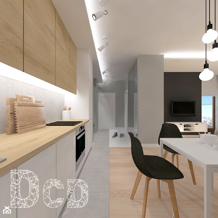 MOKO - Średnia otwarta z salonem biała szara z zabudowaną lodówką kuchnia jednorzędowa, styl skandynawski - zdjęcie od Pracownia Projektowania | Daria Ciuńczyk-Duda