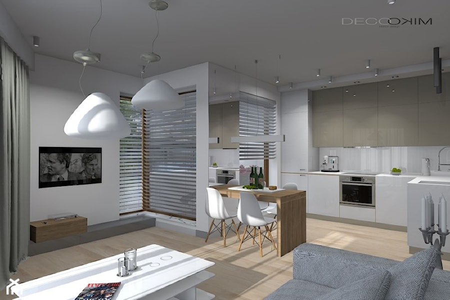 Wnętrze apartamentu z widokiem na Wisłę o powierzchni 60,40 m² - Średnia otwarta z zabudowaną lodówką kuchnia w kształcie litery l z oknem, styl nowoczesny - zdjęcie od Deco Miko