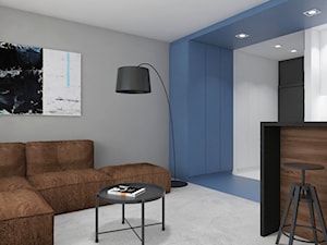 mieszkanie.Mikołajki 3 - Mały niebieski szary salon z kuchnią z jadalnią, styl minimalistyczny - zdjęcie od ip-design