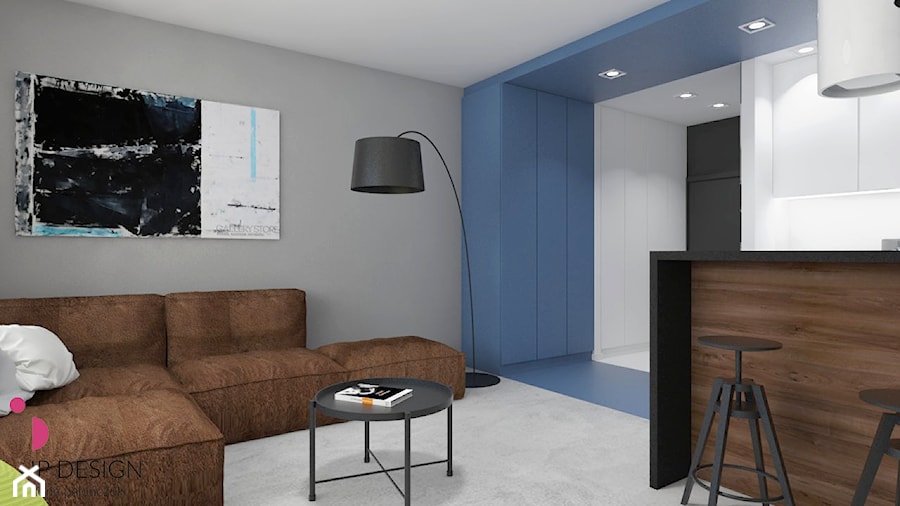 mieszkanie.Mikołajki 3 - Mały niebieski szary salon z kuchnią z jadalnią, styl minimalistyczny - zdjęcie od ip-design