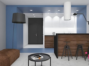 mieszkanie.Mikołajki 3 - Średnia otwarta z salonem z kamiennym blatem biała niebieska szara z zabudowaną lodówką kuchnia dwurzędowa, styl minimalistyczny - zdjęcie od ip-design