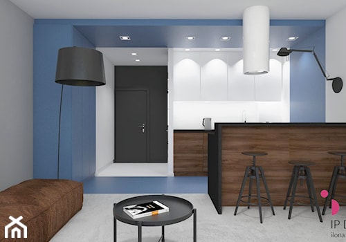 mieszkanie.Mikołajki 3 - Średnia otwarta z salonem z kamiennym blatem biała niebieska szara z zabudowaną lodówką kuchnia dwurzędowa, styl minimalistyczny - zdjęcie od ip-design