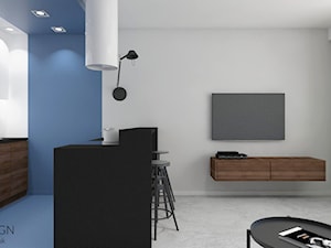 mieszkanie.Mikołajki 3 - Mały biały niebieski salon z kuchnią z jadalnią, styl minimalistyczny - zdjęcie od ip-design