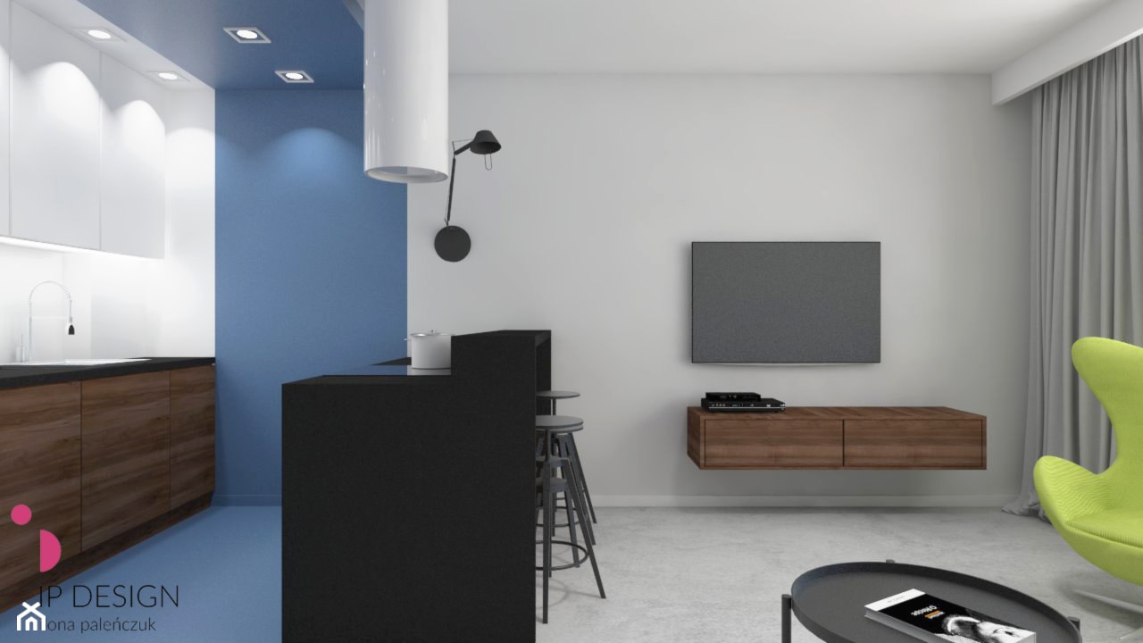 mieszkanie.Mikołajki 3 - Mały biały niebieski salon z kuchnią z jadalnią, styl minimalistyczny - zdjęcie od ip-design - Homebook