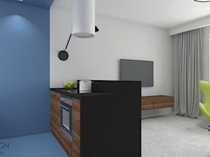 mieszkanie.Mikołajki 3 - Średnia otwarta z salonem biała niebieska z zabudowaną lodówką kuchnia dwurzędowa, styl minimalistyczny - zdjęcie od ip-design