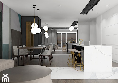 apartament.Warszawa - Średnia szara jadalnia w salonie w kuchni, styl nowoczesny - zdjęcie od ip-design