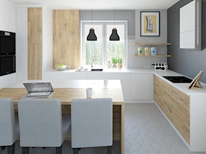 Projekt domu 150m2 - Średnia biała z zabudowaną lodówką z podblatowym zlewozmywakiem kuchnia w kształcie litery u z oknem, styl nowoczesny - zdjęcie od Skrzypczynski_pracownia