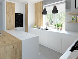 Projekt domu 150m2 - Średnia otwarta szara z zabudowaną lodówką z podblatowym zlewozmywakiem kuchnia w kształcie litery u z oknem, styl nowoczesny - zdjęcie od Skrzypczynski_pracownia