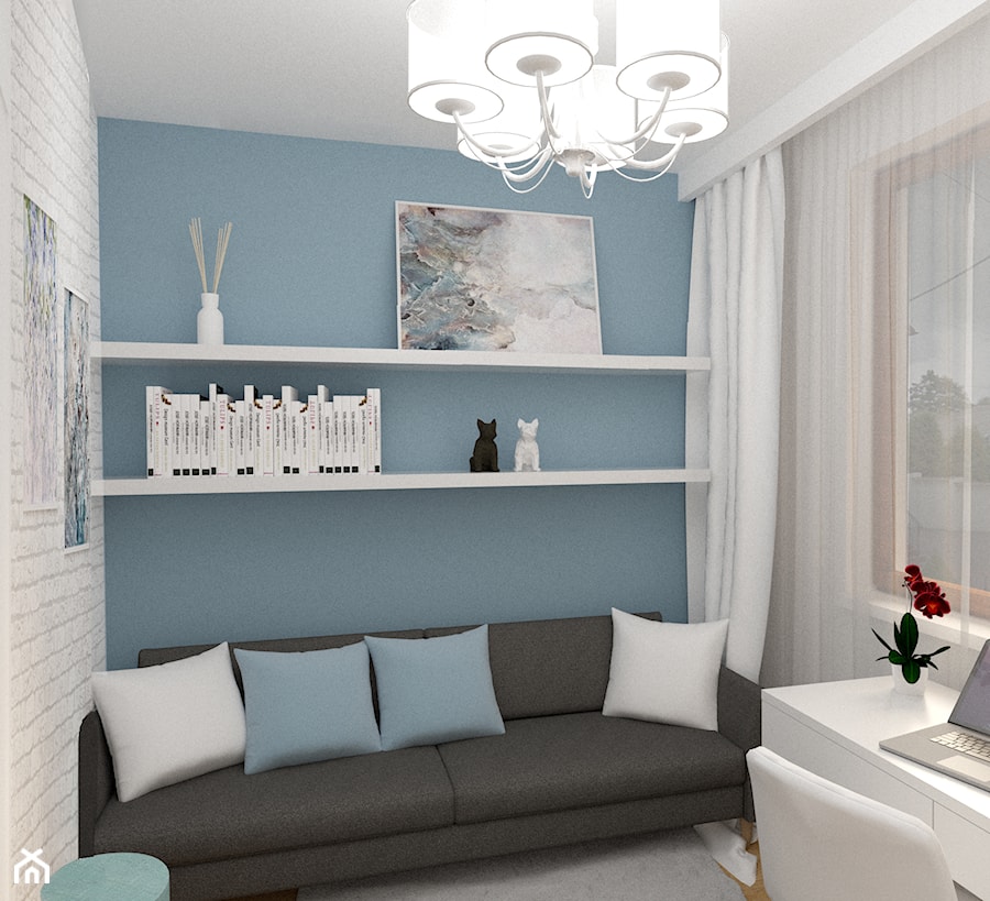 Projekt domu 140m2 - Mała niebieska z biurkiem sypialnia, styl skandynawski - zdjęcie od Skrzypczynski_pracownia