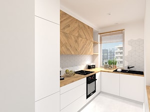 Projekt mieszkania 70m2 - Średnia otwarta biała z zabudowaną lodówką z podblatowym zlewozmywakiem kuchnia w kształcie litery l z oknem, styl nowoczesny - zdjęcie od Skrzypczynski_pracownia