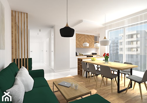 Projekt mieszkania 70m2 - Duża szara jadalnia w salonie w kuchni, styl nowoczesny - zdjęcie od Skrzypczynski_pracownia
