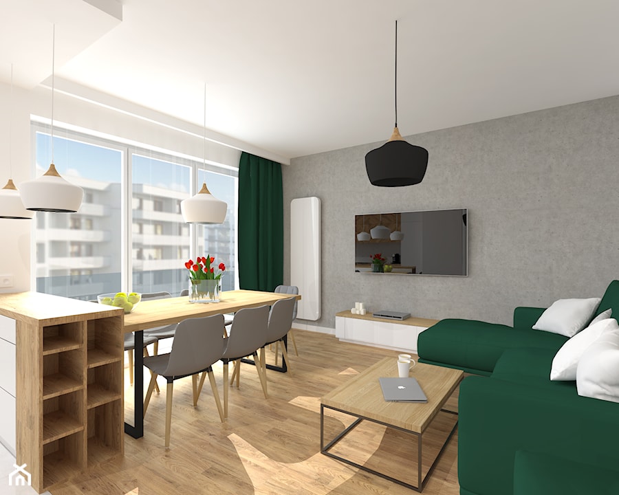 Projekt mieszkania 70m2 - Średni biały szary salon z kuchnią z jadalnią, styl nowoczesny - zdjęcie od Skrzypczynski_pracownia