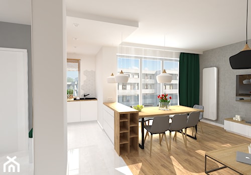 Projekt mieszkania 70m2 - Duża biała szara jadalnia w salonie w kuchni, styl nowoczesny - zdjęcie od Skrzypczynski_pracownia