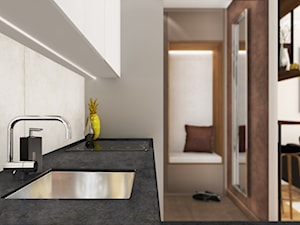 Mieszkanie dla singla - Mała otwarta z salonem z kamiennym blatem szara z zabudowaną lodówką z podblatowym zlewozmywakiem kuchnia w kształcie litery l, styl minimalistyczny - zdjęcie od Viva Design Rzeszów